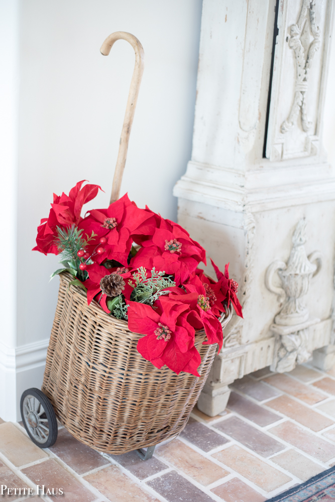 vintage basket full of poinsettias - simple Christmas decor