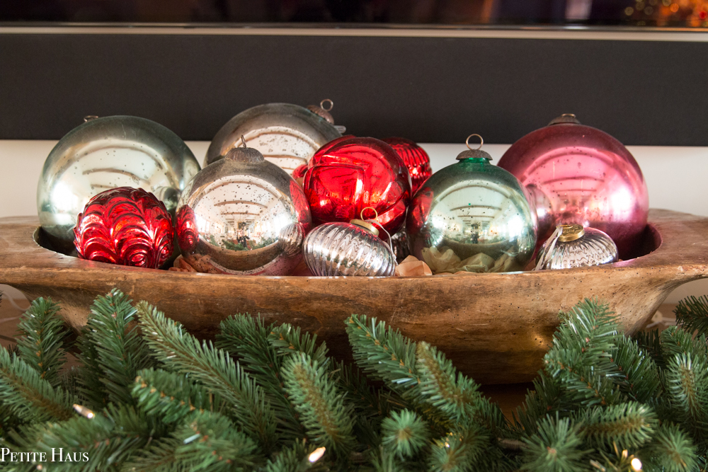 Mercury Glass Ornaments in a Dough Bowl