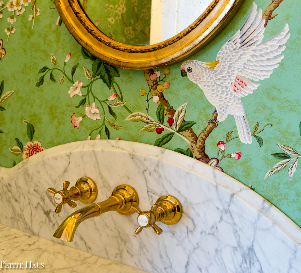 French Country Chinoiserie Powder Room with Brass Wall Mounted Faucet