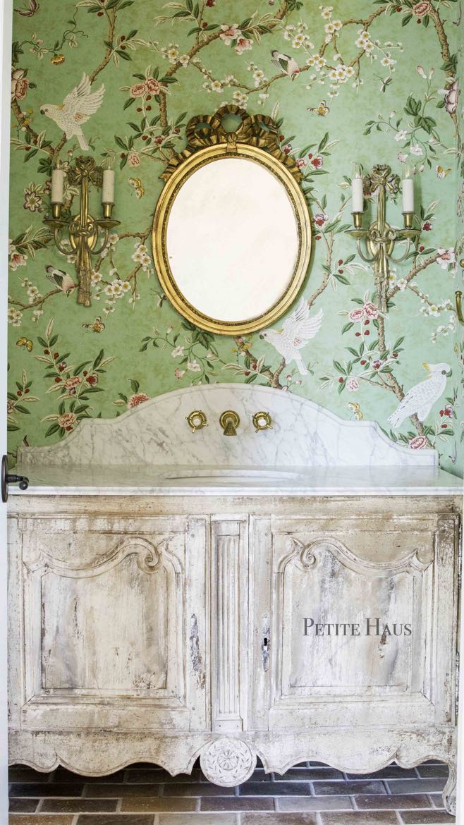 French Country Powder Room with Chinoiserie Wallpaper and Brass Finishes