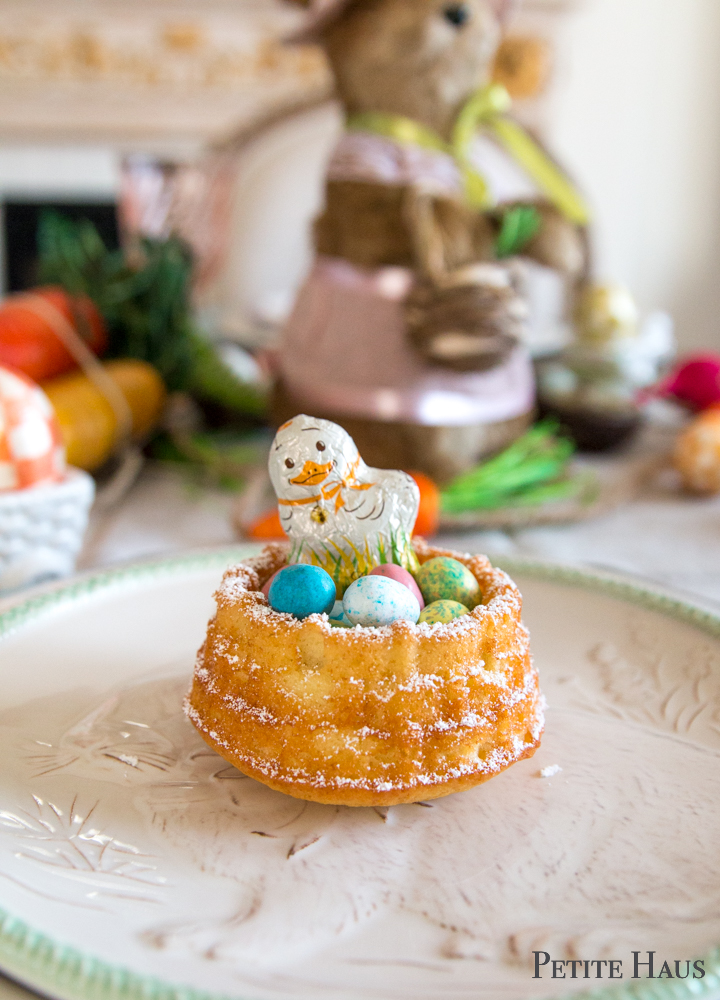 mini Easter basket cake. mini Easter nest cake. Cake is a French almond yogurt cake