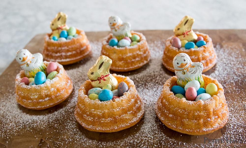 mini Easter basket cake. mini Easter nest cake. Cake is a French almond yogurt cake
