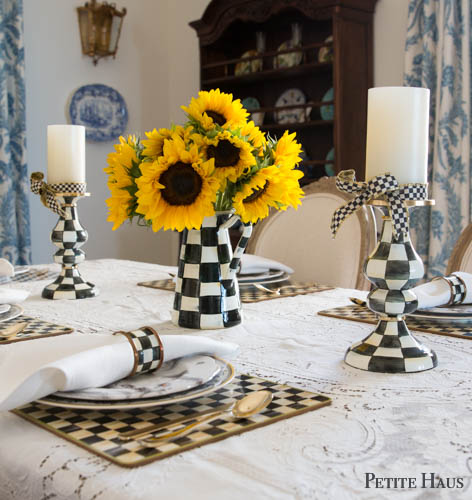 black and white table with sunflowers