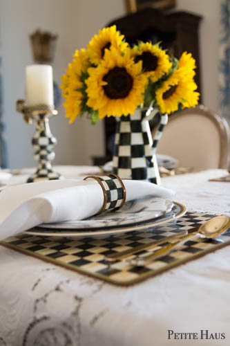 black and white table with sunflowers