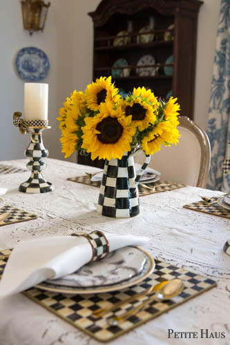 black and white table with sunflowers