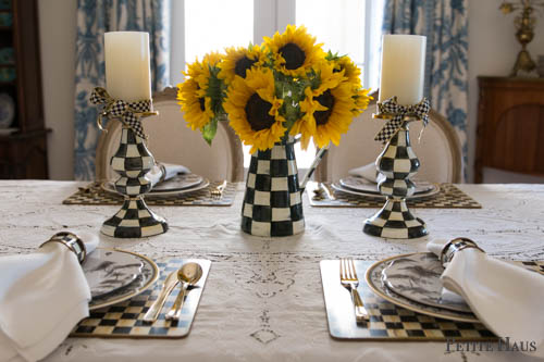 black and white table with sunflowers