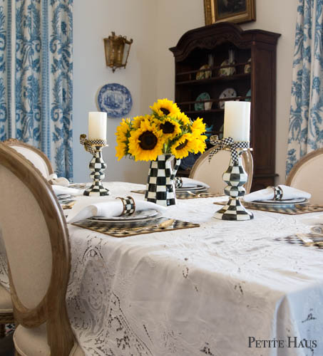 black and white table with sunflowers