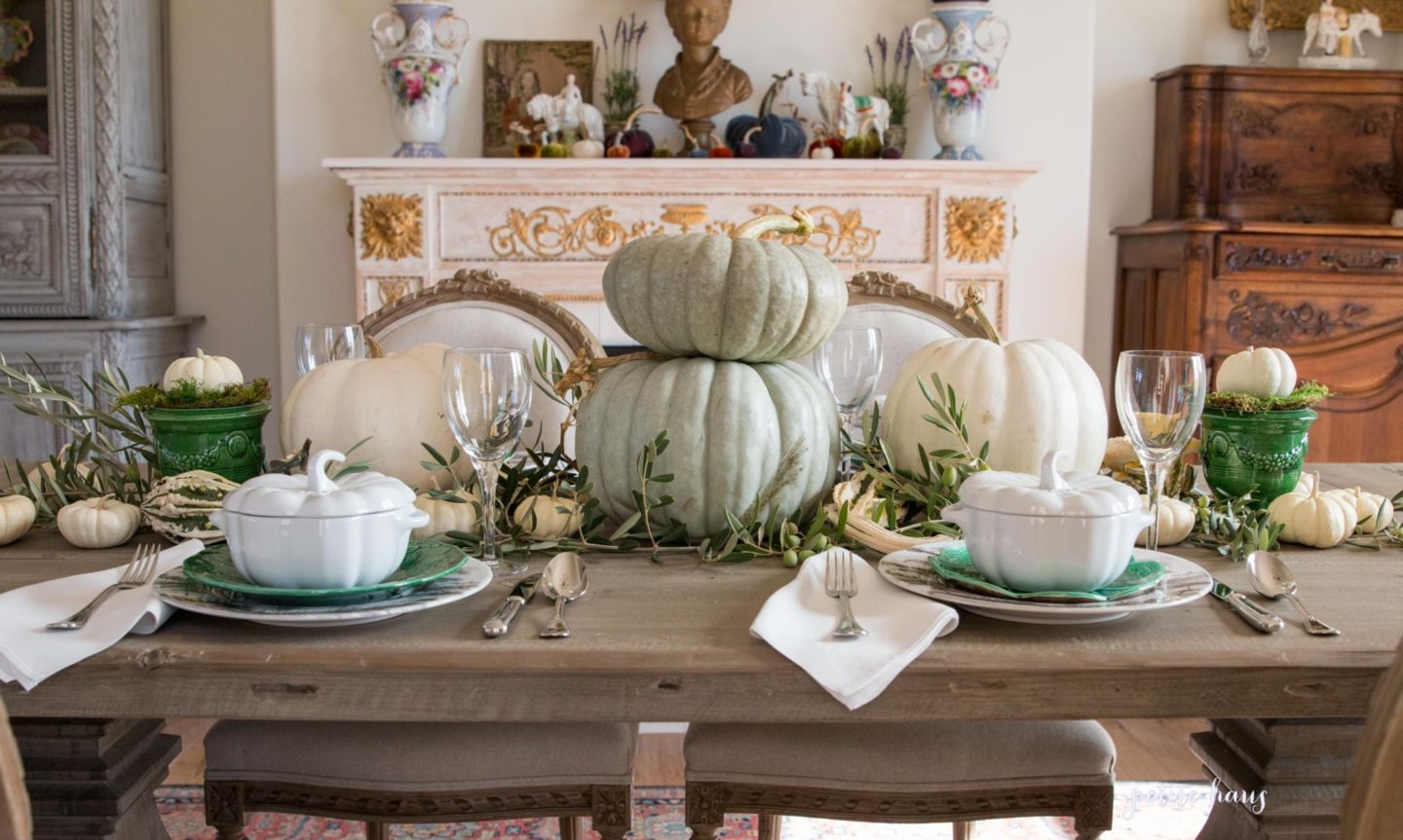 Fall table setting with green and white