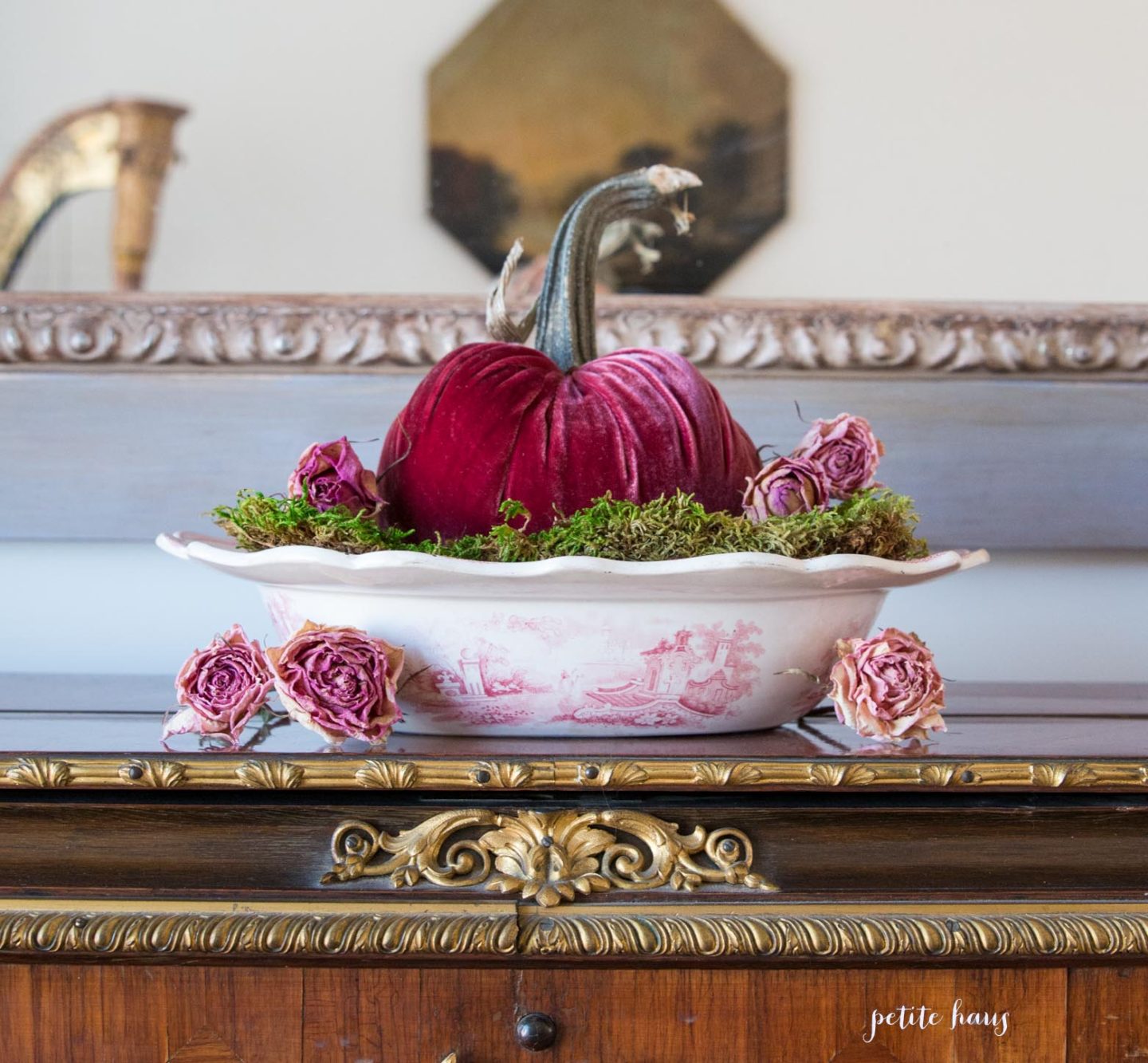 pink velvet pumpkin with roses and moss