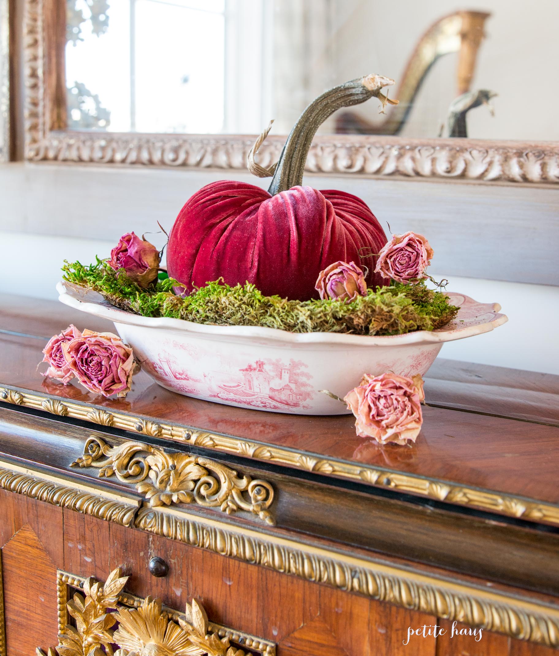 French country Fall home decor with velvet pumpkins