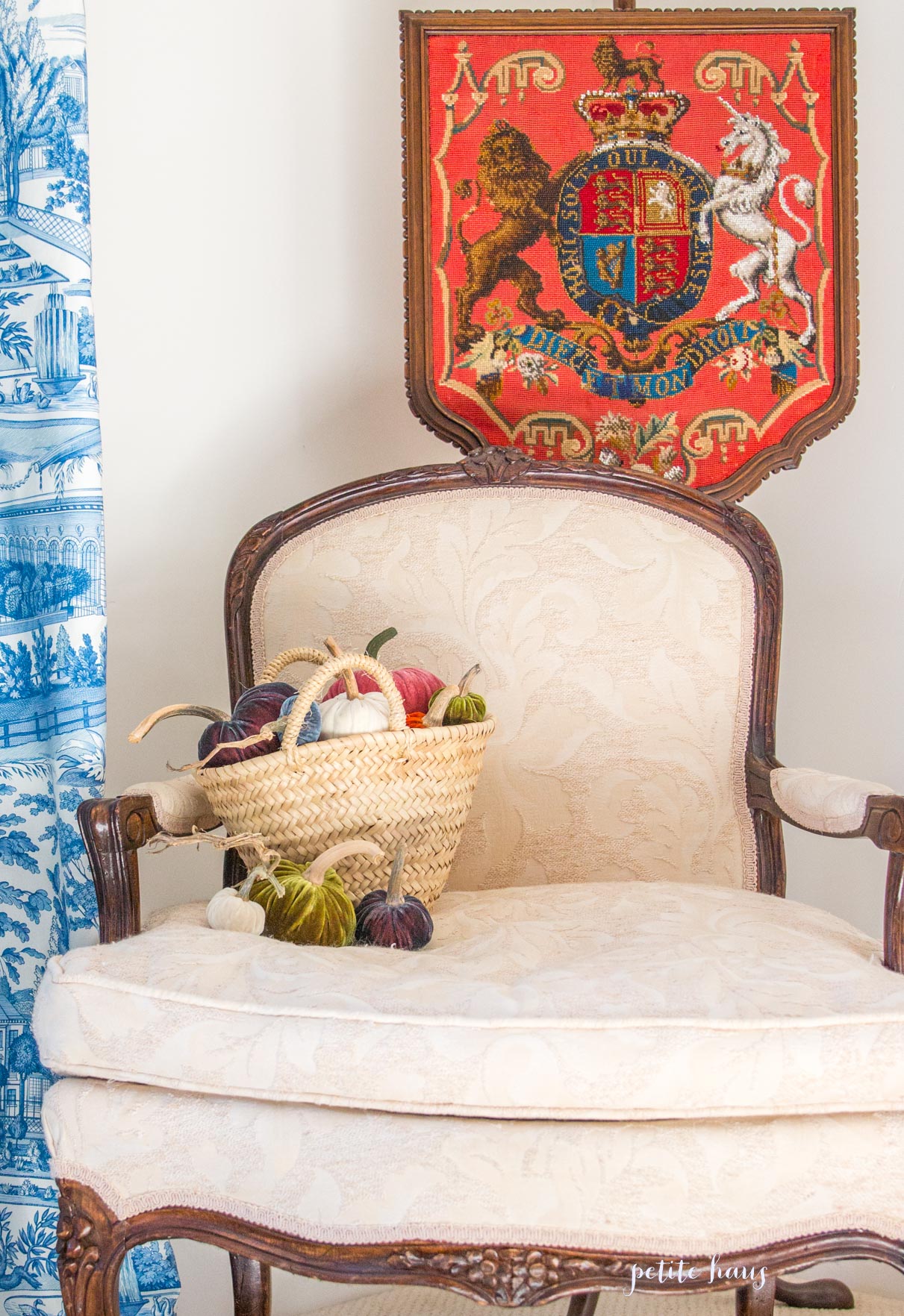 velvet pumpkins in a chair