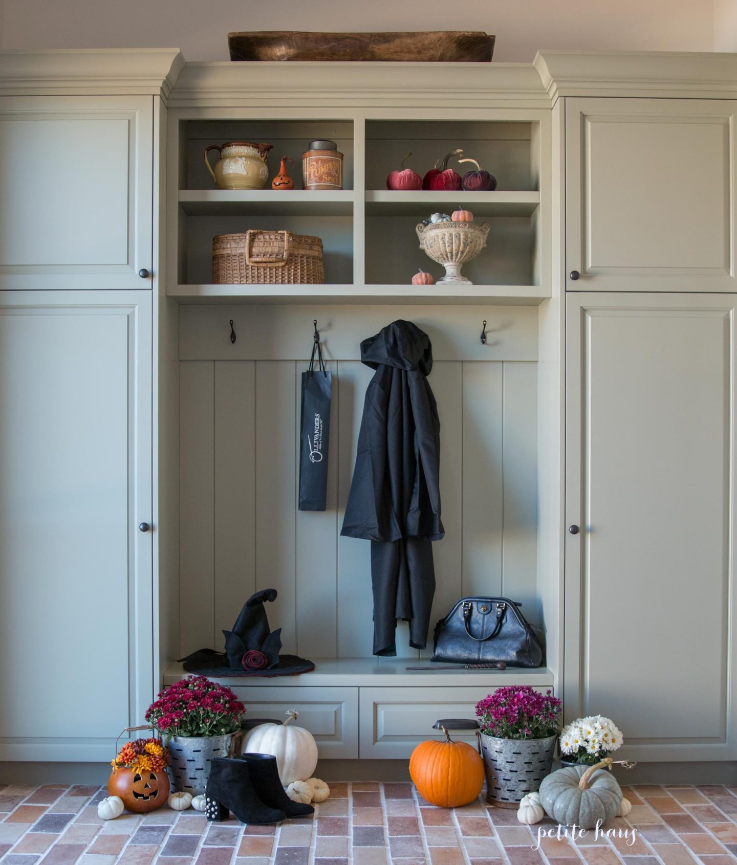 Farmhouse Halloween Decorating in the Mudroom "The Witch is Home"