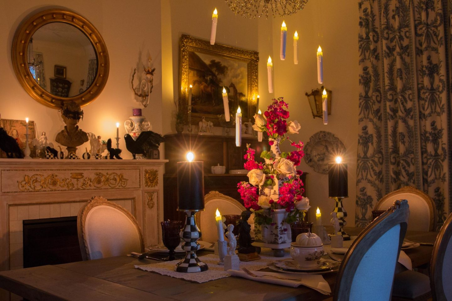 Harry Potter inspired Halloween table with floating candles