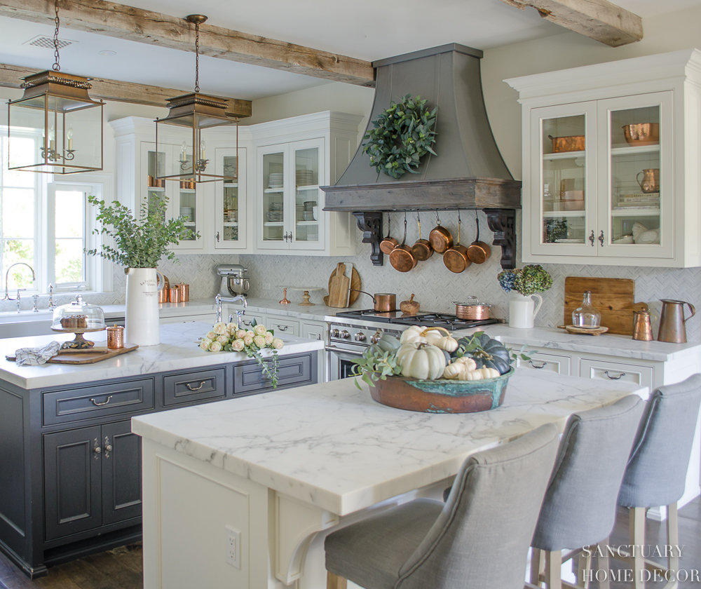 farmhouse kitchen with white and grey blue cabinets