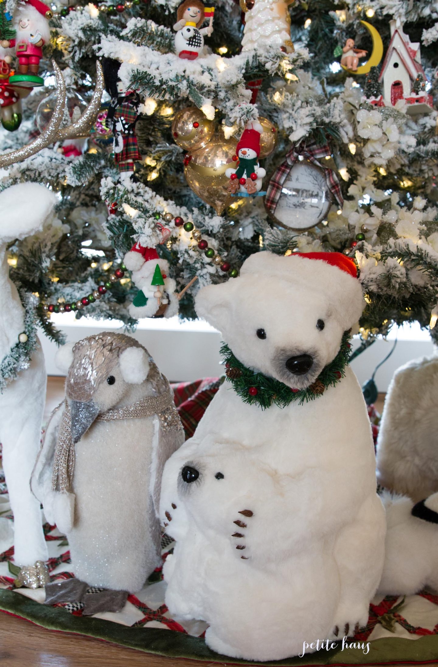 Flocked Christmas tree with arctic animals