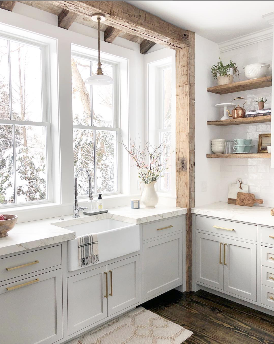 white cabinet wood beam white counter kitchen via Finding_Lovely IG