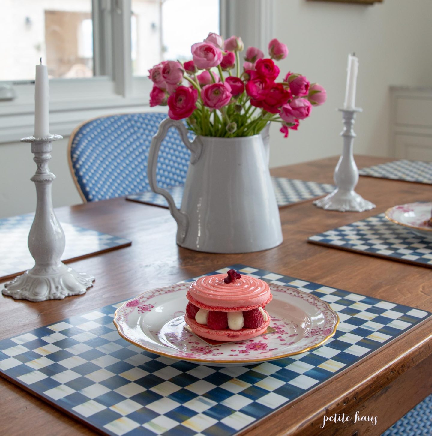 French macaron dessert with blue and white