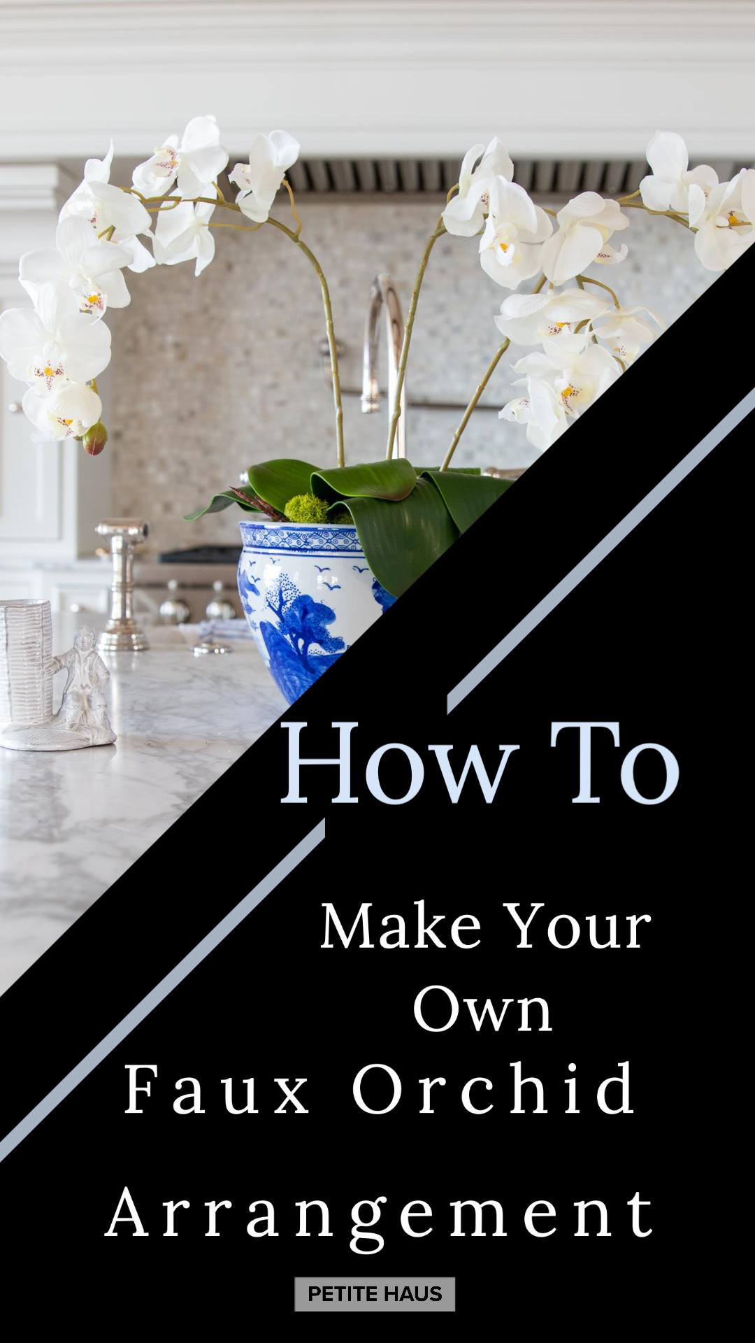DIY tutorial to make your own faux floral orchid arrangement in blue and white chinoiserie porcelain bowl decor