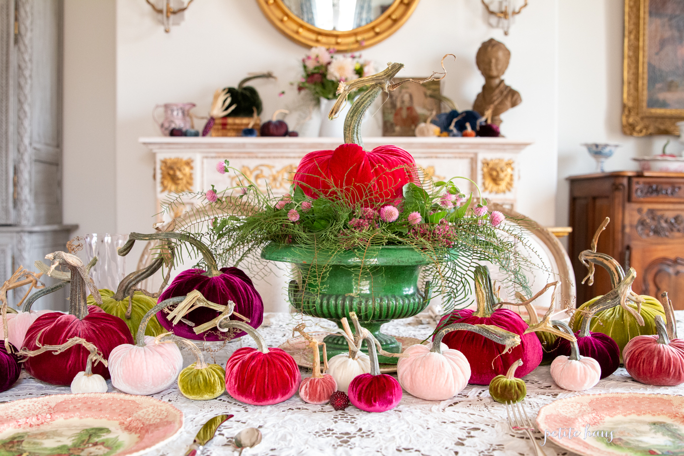 Pink & Green Fall Table Decor with Velvet Pumpkins