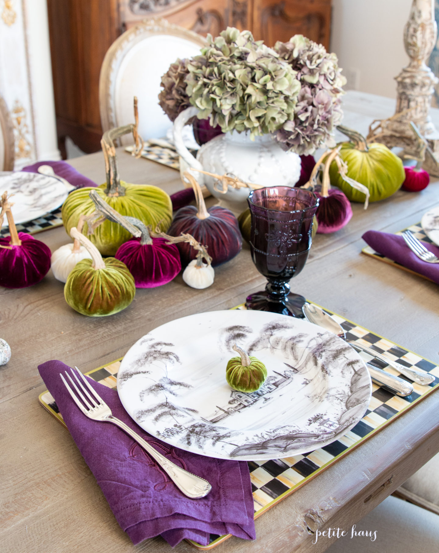 Fall Halloween Velvet Pumpkin Table Setting Decor with Purple and green