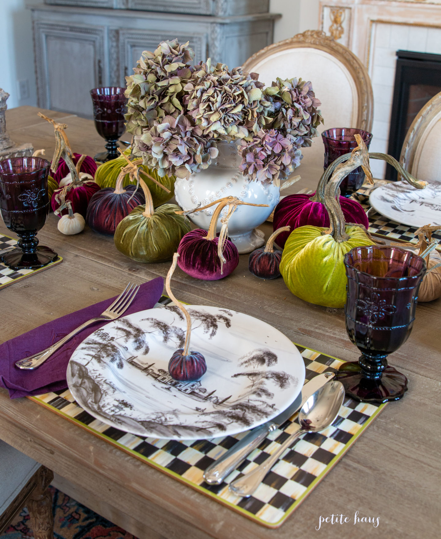 Fall Pumpkin Table with Purples and Greens