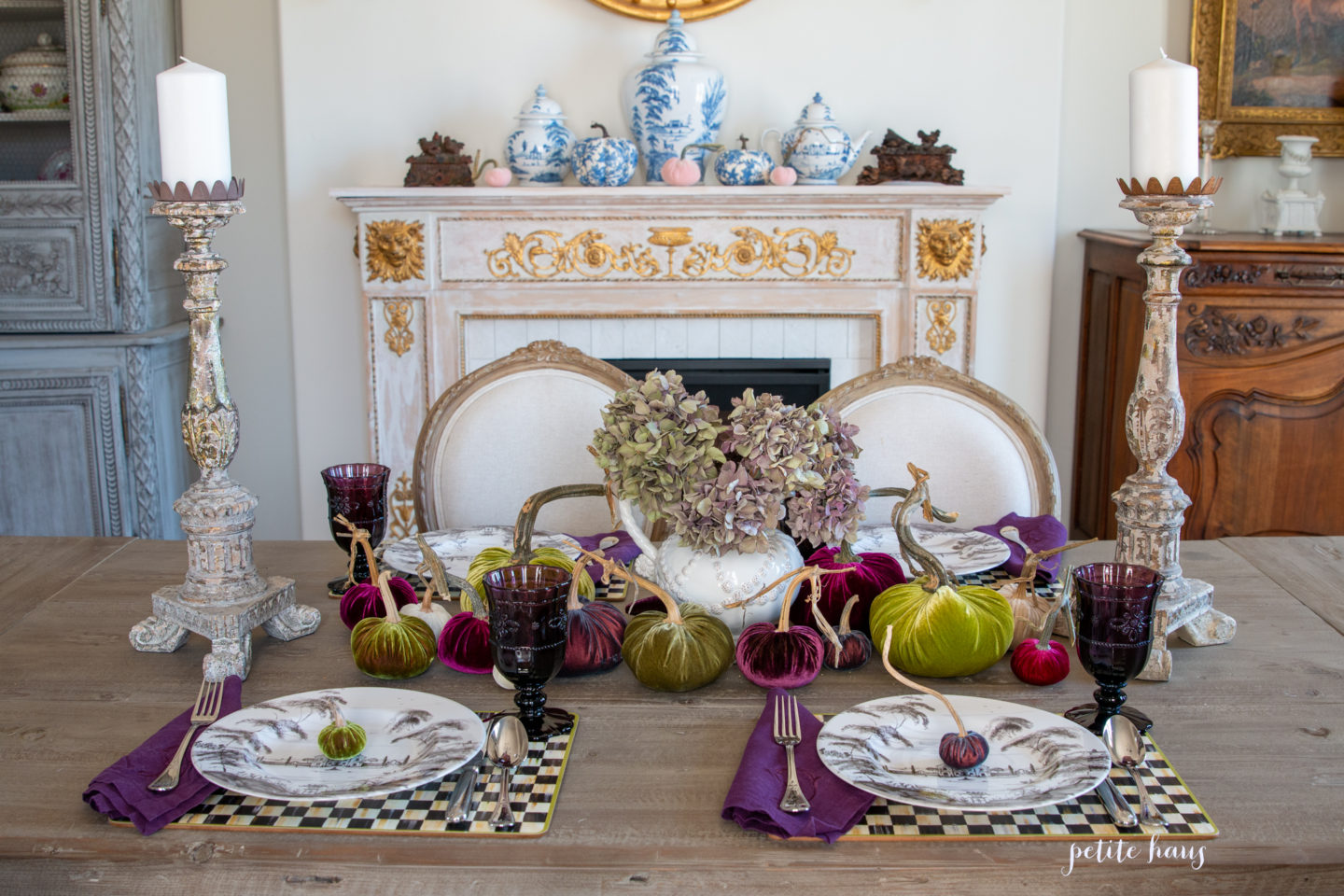 Fall Halloween Velvet Pumpkin Table Setting Decor with Purple and green