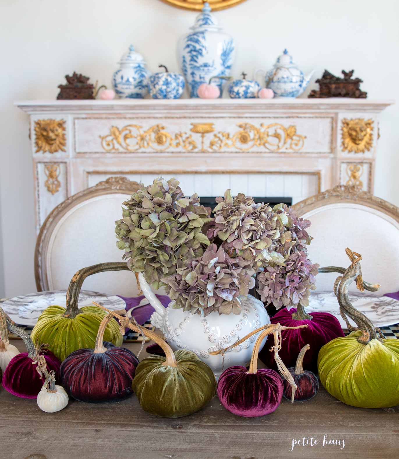 Fall Halloween Velvet Pumpkin Table Setting Decor with Purple and green