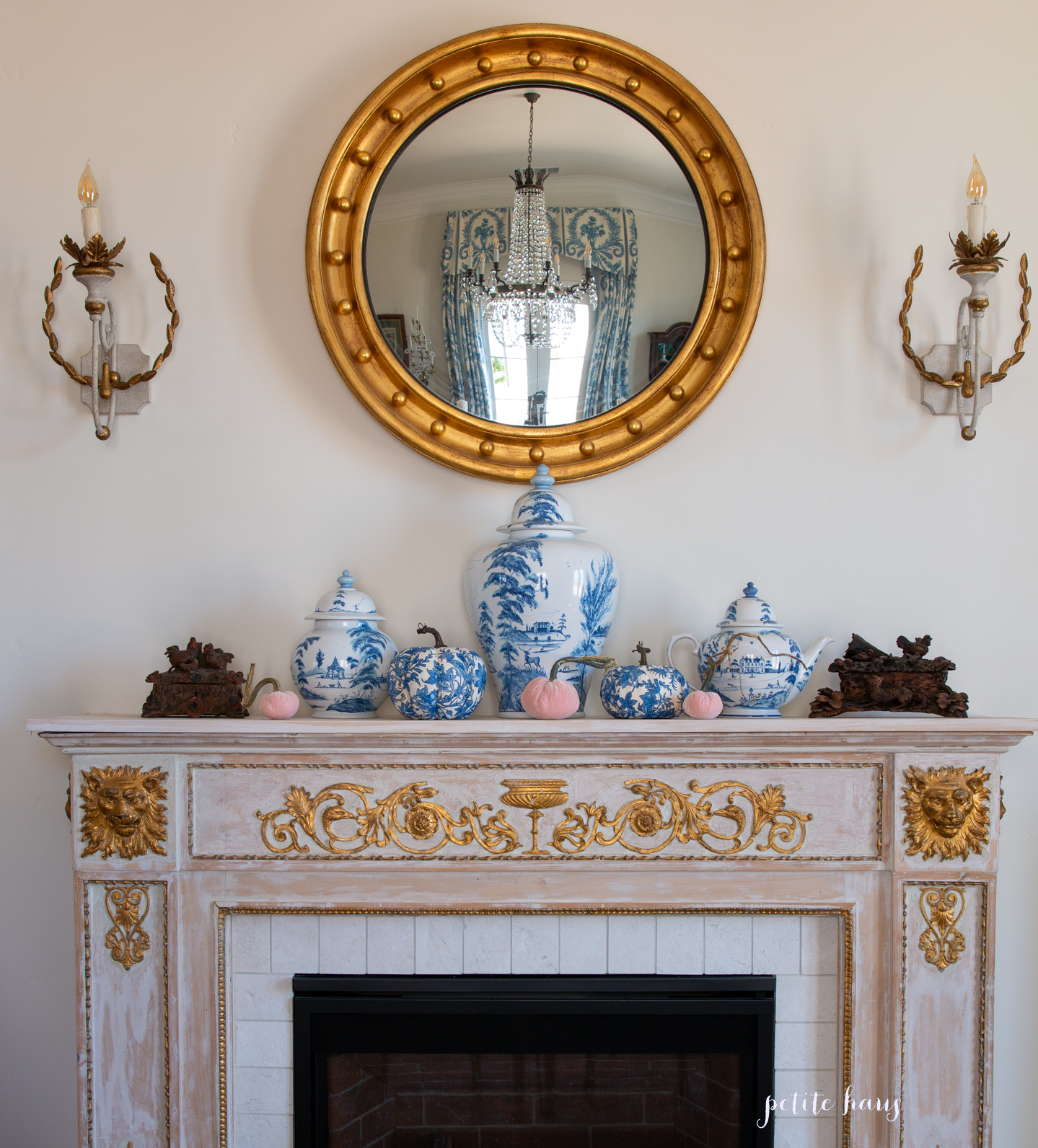 Chinoiserie blue and white Fall pumpkins with pink velvet pumpkins