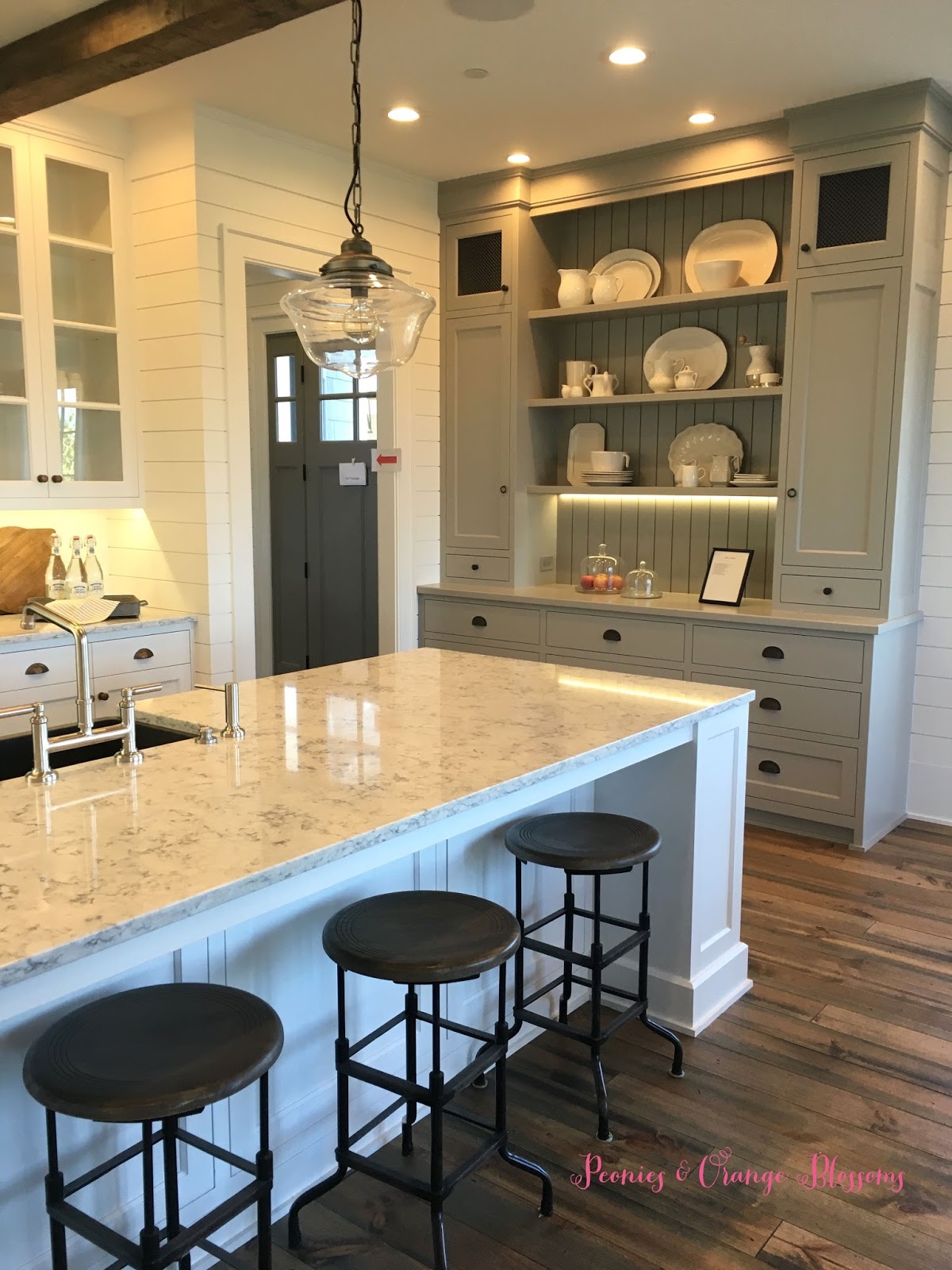 Touring a French farmhouse, benjamin moore grey paint kitchen with shiplap